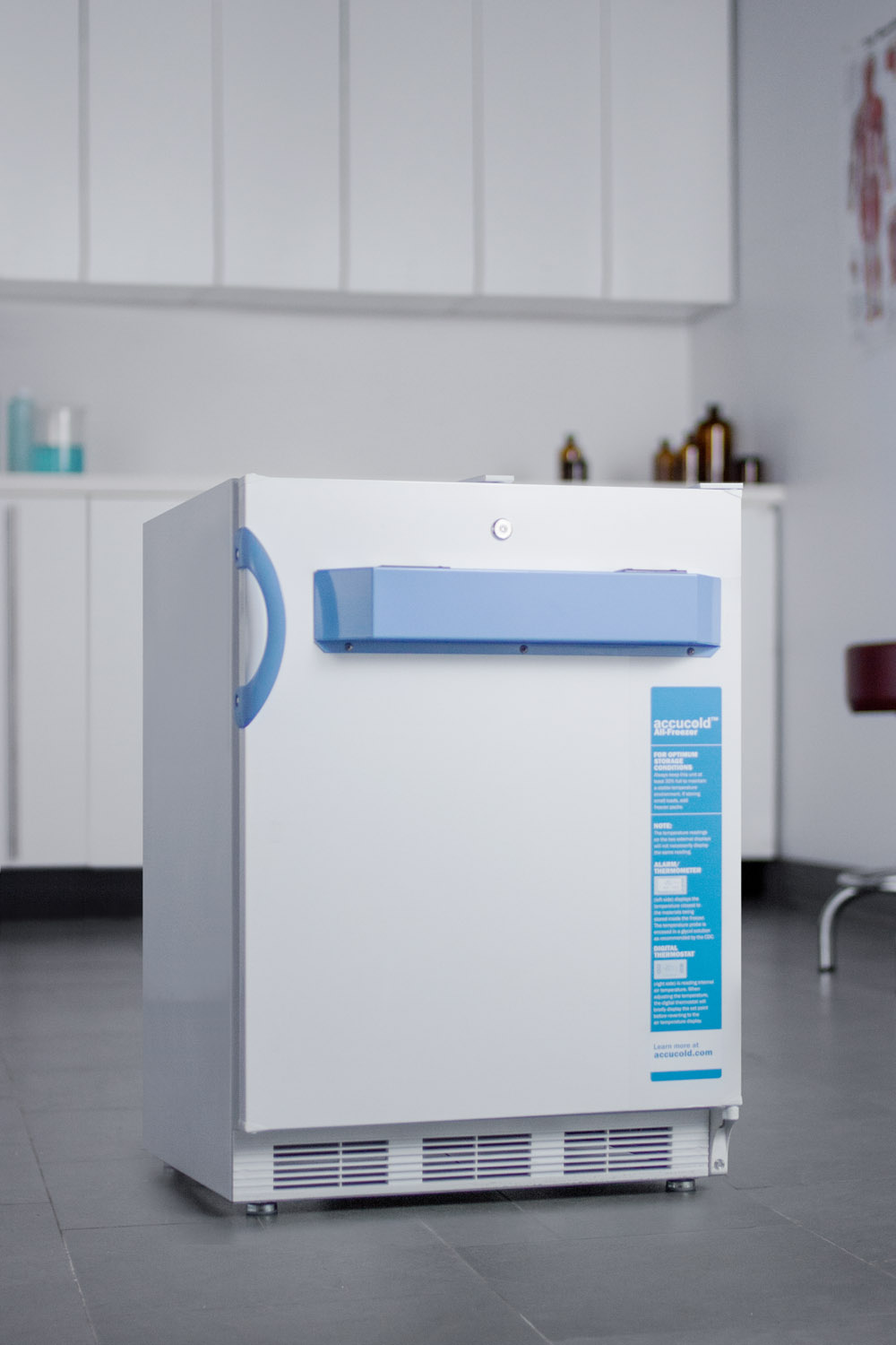 Built-in undercounter ADA compliant medical/scientific -25 C capable all-freezer with front control panel equipped with a digital thermostat and NIST calibrated thermometer/alarm
